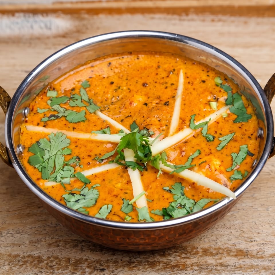 Vibrant orange Indian curry in a traditional metal karahi, garnished with cilantro and ginger on wood.
