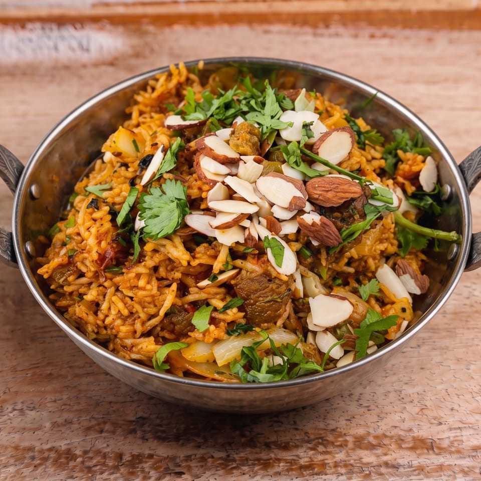 Spiced rice dish with meat, cilantro, and almonds in a decorative metal bowl on a wooden surface.