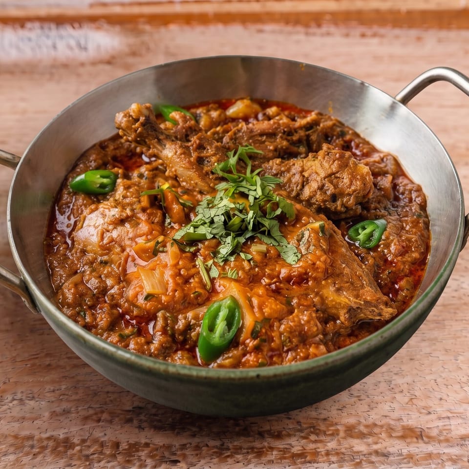 Chicken curry in a metal serving bowl, garnished with fresh cilantro and green chilies on a wooden table.