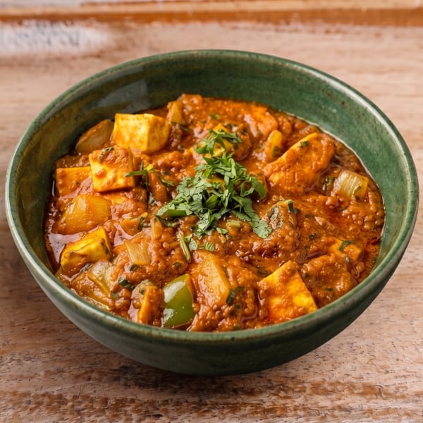 Vibrant paneer curry with onions, bell peppers, and fresh cilantro in a green bowl.