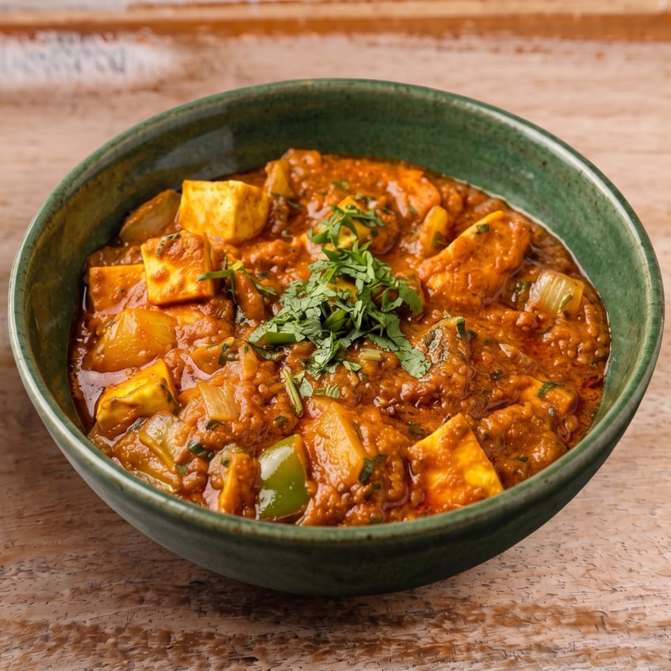 Vibrant paneer curry with onions, bell peppers, and fresh cilantro in a green bowl.
